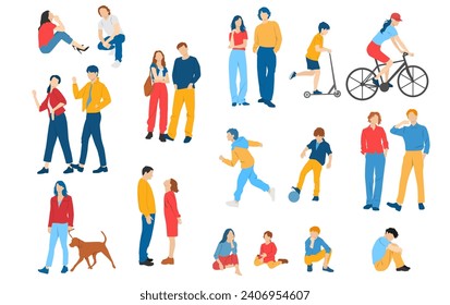 Men, women, teenagers and children standing, walking, sitting, different colors, cartoon character, group  silhouettes rest people, students, design concept of flat icon, isolated on white background