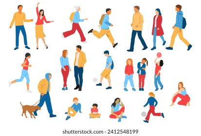 Men, women, teenagers and children standing, walking, sitting, different colors, cartoon character, group  silhouettes rest people, students, design concept of flat icon, isolated on white background