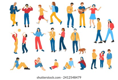 Men, women, teenagers and children standing, walking, sitting, different colors, cartoon character, group  silhouettes rest people, students, design concept of flat icon, isolated on white background