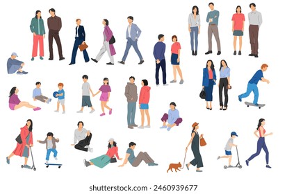 Men, women, teenagers and children standing, walking, sitting, different colors, cartoon character, group  silhouettes rest people, students, design concept of flat icon, isolated on white background