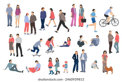 Men, women, teenagers and children standing, walking, sitting, different colors, cartoon character, group  silhouettes rest people, students, design concept of flat icon, isolated on white background