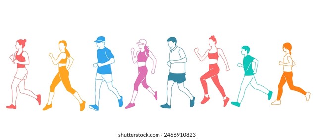 Men, women and teenagers running, different colors, cartoon characters, people silhouettes, flat icon design concept, hand drawn vector illustration isolated on white background