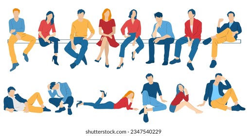 Men, women and teenagers sitting on a bench, different colors, cartoon character, group  silhouettes of business people, students, the design concept of flat icon, isolated on white background