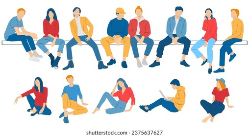 Men, women, teenagers and teenagers sitting on a bench, different colors, cartoon character, group  silhouettes of business people, students, design concept of flat icon, isolated on white background