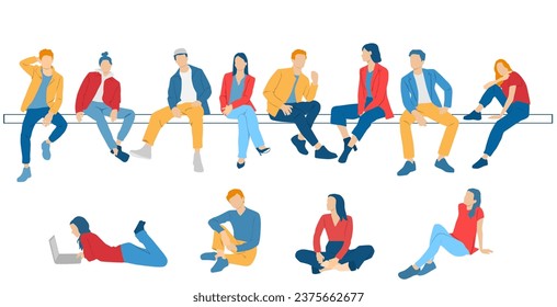 Men, women, teenagers and teenagers sitting on a bench, different colors, cartoon character, group  silhouettes of business people, students, design concept of flat icon, isolated on white background