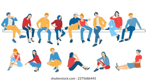 Men, women, teenagers and teenagers sitting on a bench, different colors, cartoon character, group  silhouettes of business people, students, design concept of flat icon, isolated on white background