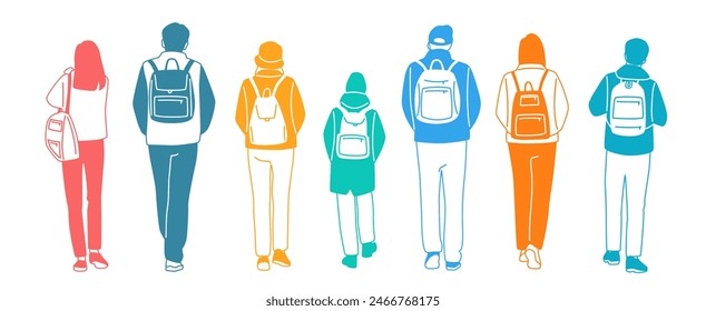 Hombres, mujeres y adolescentes caminan con mochila, diferentes colores, personaje de dibujos animados, siluetas caminando personas, vista posterior, concepto de diseño de ícono plano, Ilustración vectorial de dibujo a mano, aislado en blanco