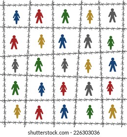 Men and women that are separated by barbwire, as a symbol for loneliness and isolation. Isolated vector illustration on white background.