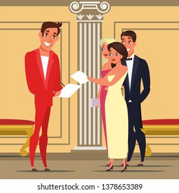 Men and women at theater flat vector illustration. People in opera, operetta hall. Ladies wearing luxury elegant dresses. Actor gives autographs cartoon character. Celebrities at cinema premiere