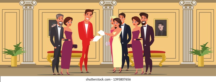 Men and women at theater flat vector illustration. People in opera, operetta hall. Ladies wearing luxury elegant dresses. Actor gives autographs cartoon character. Celebrities at cinema premiere