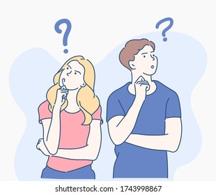 Men and women are thinking about something to find a solution. Problem solving concept. Hand drawn in thin line style, vector illustrations.