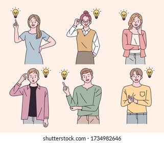 Men and women are thinking of ideas. Bulb decoration. flat design style minimal vector illustration.