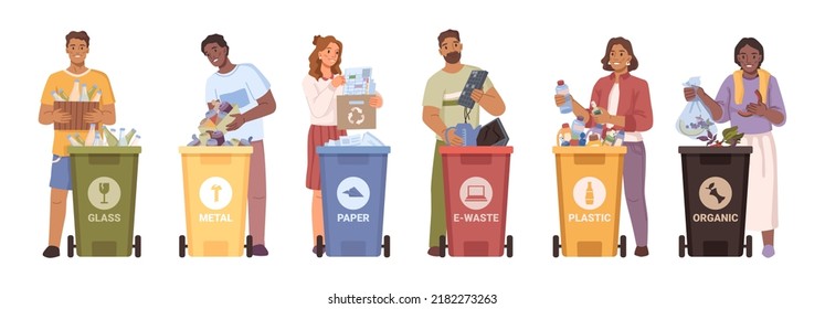 Men and women throw out trash in plastic color dumpsters isolated set of flat cartoon characters. Vector people sorting garbage, eco containers, separate waste for taking care of environment - Shutterstock ID 2182273263