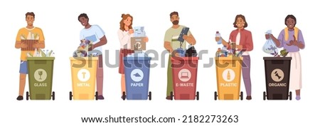 Men and women throw out trash in plastic color dumpsters isolated set of flat cartoon characters. Vector people sorting garbage, eco containers, separate waste for taking care of environment