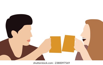 Men and women toast drinks happily. Vector illustration on a white background.