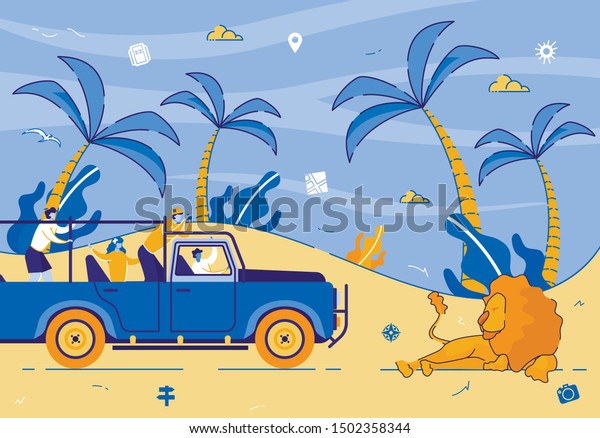 Men and Women Tourists Driving Car on\
Safari in Africa, Traveling and Watching Wildlife in Savanna,\
Making Pictures on Phone and Photo Camera of Beautiful Lion.\
Cartoon Flat Vector\
Illustration.
