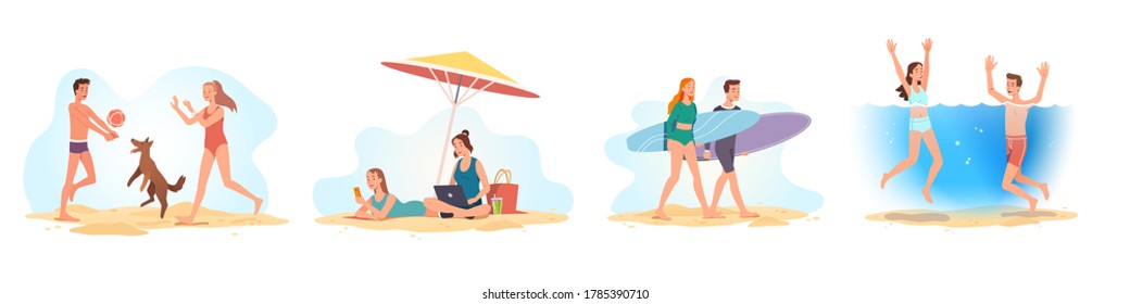 Men & Women Tourists On Vacation Having Fun & Relaxing On Beach Set. Happy People Swimming, Playing With Ball, Carrying Surfboards & Sunbathing. Holiday, Summer Tourism. Flat Vector Illustration