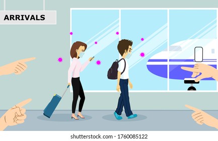 Men and women tourists returning from abroad.Men shoulder bags, Women drag bags.Wear a mask coronavirus prevention (Covid-19).People pointed their fingers at tourists who thought they were the leaders