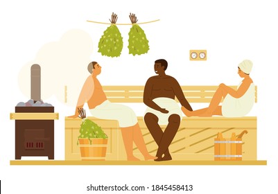 Men And Women In Towels In Sauna Or Banya With Steam Relaxing. Bathhouse Interior Wooden Bench, Birch Brooms, Stove With Firewood, Buckets, Thermometer, Eseential Oils. Flat Vector Illustration.