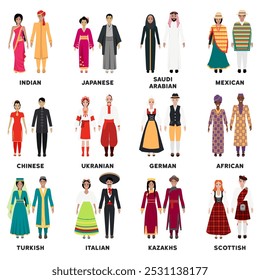 Men and women in traditional attire representing various countries and cultures. For cultural diversity, world heritage, tradition, global unity, inclusion, cultural representation, multiculturalism.