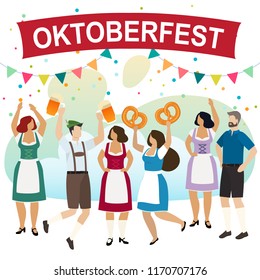 Men and women in traditional Bavarian clothes celebrate beer festival Oktoberfest. Friends in tracht, dindl and lederhosen have fun at the Oktoberfest. Vector