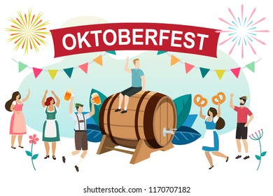 Men and women in traditional Bavarian clothes celebrate beer festival Oktoberfest. Friends in tracht, dindl and lederhosen have fun at the Oktoberfest. Vector