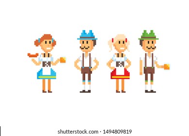 Men and women in a traditional Bavarian costume. Pixel art icon set. 8-bit. Element design for mobile app, web, sticker, logo. Game assets sprite. retro graphic.