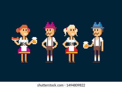 Men and women in a traditional Bavarian costume. Pixel art icon set. 8-bit. Element design for mobile app, web, sticker, logo. Game assets sprite. retro graphic.