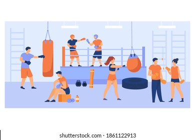 Men and women training in boxing club, exercising with punch bags, sparing on ring, lifting weight. For fight club, sport, active lifestyle concept