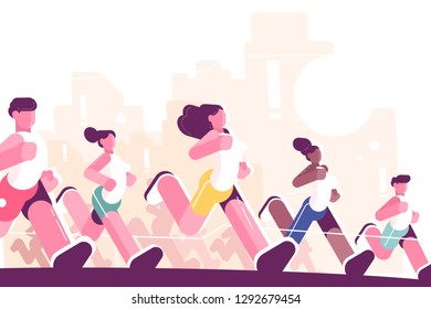 Hombres y mujeres entrenando para la maratón en el parque. Jogging personas con ropa deportiva. Grupo de ejecutores en la ilustración vectorial de estilo plano en movimiento. Concepto deportivo. Edificios en segundo plano