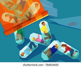 men and women trapped inside pill capsules being emptied from a pill bottle - prescription drug addiction concept