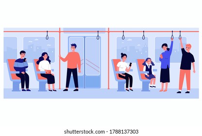 Men and women traveling by bus or subway isolated flat vector illustration. Cartoon crowd of people sitting and standing in vehicle. Public urban transport and destination concept