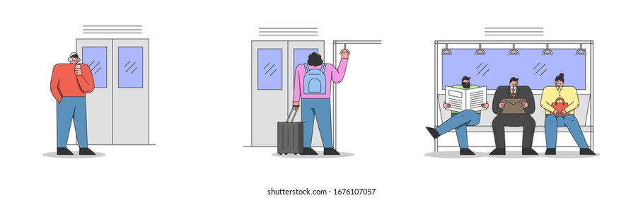 Men and Women Travell By Public Transport. Human Are Sitting and Standing in Metro. Male And Female Characters Are Riding Subway On Their Way. Set Of Cartoon Linear Outline Flat Vector Illustrations