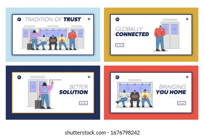 Men and Women Are Travelling By Public Transport. Website Landing Page. Male And Female Characters Are Riding Subway On Their Way. Cartoon Linear Outline Flat Vector Illustrations