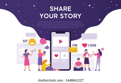 men and women try to create content and share it through social media, video content to get feedback. the concept of people shares their stories with the world of social media