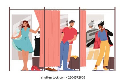 Men and Women Trying on Closes in Store Changeroom, Young People in Fitting Room, Male and Female Characters Choose Apparel, Customers Stand in Cabins with Mirror. Cartoon Vector Illustration