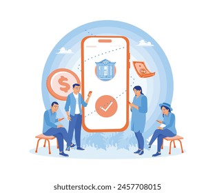 Men and women use online banking applications. They transfer money using mobile phones. Internet Banking concept. Flat vector illustration.