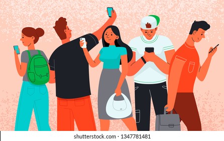 Men and women use smartphones to communicate. Internet addiction. Phone as a source of information. People and gadgets. Vector illustration in flat style