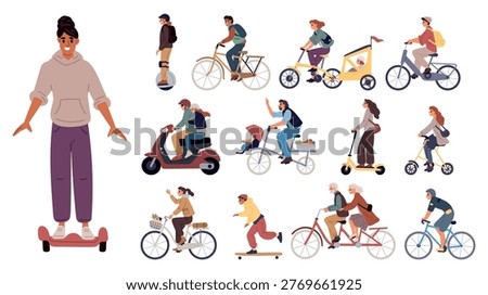 Men and women use various modes of transportation, including roller skates, electric cars, self propelled vehicles. People on kick scooters and bicycles. Isolated biker on moped. Vector transport set