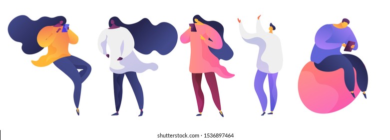 Hombres y mujeres que usan smartphones ilustraciones vectoriales. Personajes masculinos y femeninos con dispositivos electrónicos. Estudiantes jóvenes relajándose, pasando tiempo en línea, trabajadores corporativos de pie