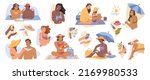 Men and women using sun lotion, applying sunblock and sunscreen with SPF. protection from rays and harmful impact of sunshine on beach. Flat cartoon character, vector illustration
