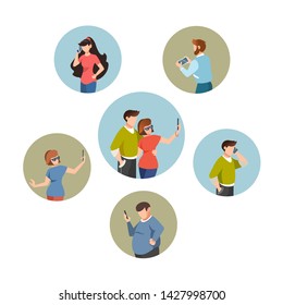 Men and women using their cellphones/smartphones. Flat vector illustration.  