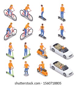 Men and women using various personal transport isometric icons set isolated on white background 3d vector illustration