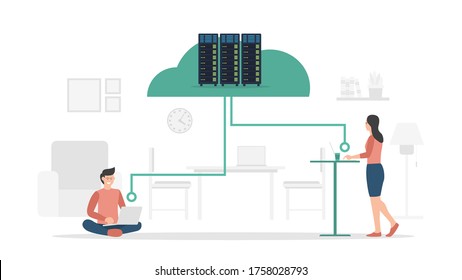 Hombres y mujeres utilizan el clúster de servidores de alojamiento en la nube para mantener el rendimiento del sitio web al estilo moderno de dibujos animados planos.
