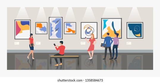 Men and women visiting museum or art gallery vector illustration. Modern art, exhibition, culture. Artworks concept. Design for website templates, posters, banners