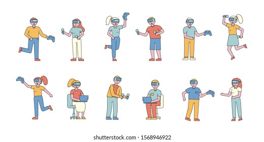 Men and women in VR helmets flat charers set. People wearing virtual reality glasses cartoon illustrations pack. Players in high tech headsets enjoying new gamers technology. Testing AR gadgets.