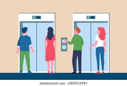 Men and women waiting for elevator. People standing together in front of closed sliding doors. Male and female in office lobby. Building hallway. Guy pressing lift