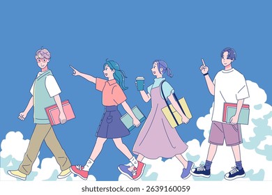 Men and women walking happily and positively, summer cloud background