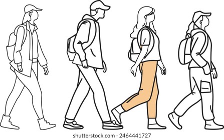 Men and women walking for health, Exercise, Fitness, Wellness, Cardio, Physical Activity, Movement, line art vector illustration, modern line art minimal color