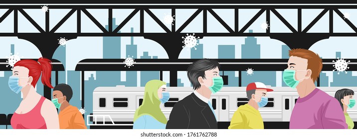 Men and women walking on the Train station wearing a masks to prevent viruses around them. People wearing masks outdoors because Novel coronavirus (2019-nCoV) outbreak. poster or banner design